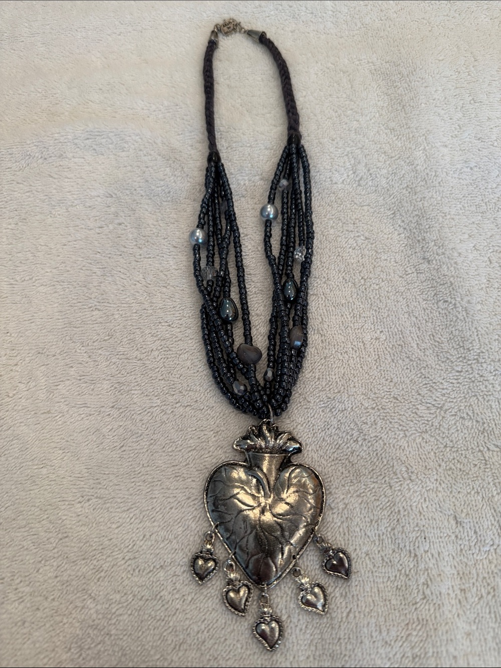 Black & Silver Beaded Mexican Sacred Heart Necklace - Picture 2 of 5